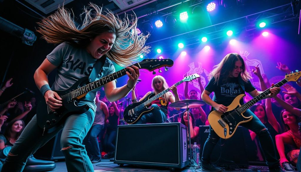 A dynamic thrash metal band performing energetically on stage, capturing the intense speed and aggression of the genre. In the foreground, a guitarist in modest casual clothing, with long hair swinging, passionately shredding on an electric guitar, while a drummer enthusiastically pounds the drums. In the middle ground, the bass player plays with fervor, surrounded by amplifiers. The background features a vibrant crowd, arms raised, immersed in the music, with bright stage lights flashing in shades of green and purple, creating a chaotic yet exhilarating atmosphere. The scene is shot from a low angle to emphasize the band's intensity and the electrifying environment, evoking a sense of adrenaline and rebellion.