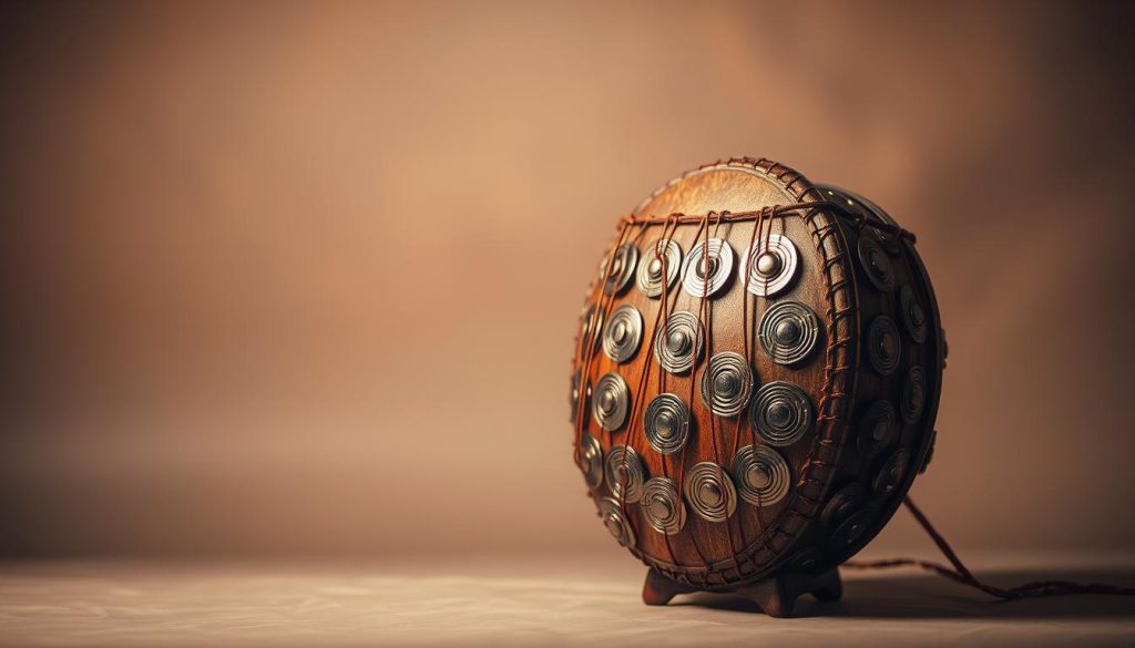 A finely crafted tongue drum, its metallic discs gleaming under warm studio lighting. The instrument stands prominently in the foreground, its intricate patterns and textures inviting the viewer to reach out and explore its unique tones. In the middle ground, a minimalist backdrop of soft, muted colors allows the drum to take center stage, while the background fades into a gentle blur, creating a sense of focus and depth. The overall atmosphere is one of serene contemplation, inviting the viewer to immerse themselves in the captivating, resonant soundscape of this versatile and historically significant percussion instrument. A finely crafted tongue drum, its metallic discs gleaming under warm studio lighting. The instrument stands prominently in the foreground, its intricate patterns and textures inviting the viewer to reach out and explore its unique tones. In the middle ground, a minimalist backdrop of soft, muted colors allows the drum to take center stage, while the background fades into a gentle blur, creating a sense of focus and depth. The overall atmosphere is one of serene contemplation, inviting the viewer to immerse themselves in the captivating, resonant soundscape of this versatile and historically significant percussion instrument.