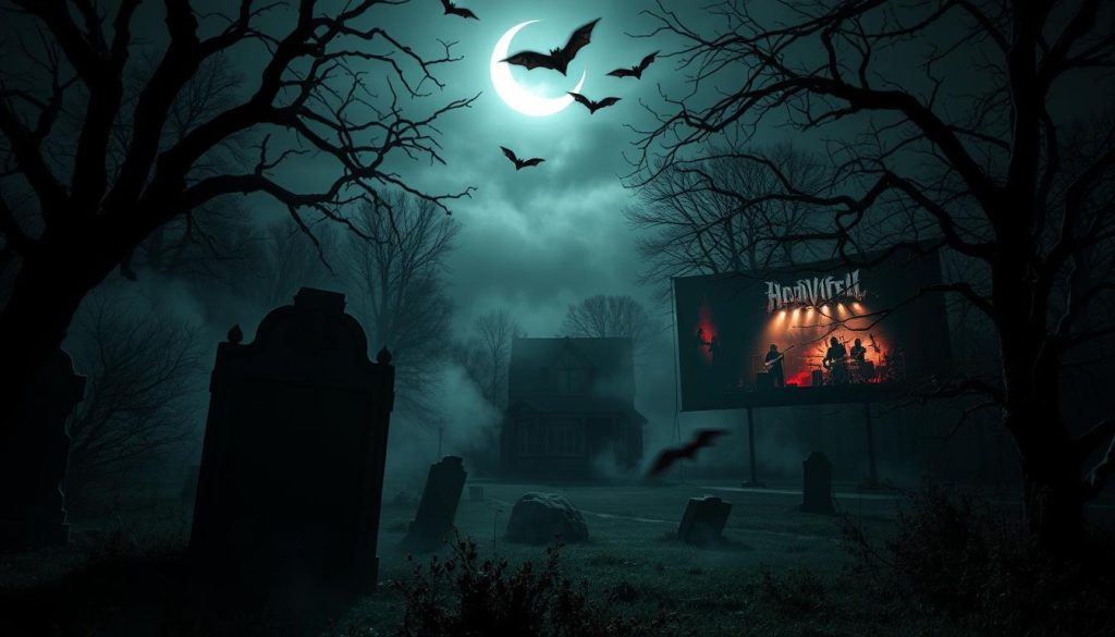 A foreboding dark landscape, inspired by classic horror cinema, with twisted trees and a ghostly mist swirling around. In the foreground, an ancient, decrepit tombstone featuring shadows of bats overhead contrasting with eerie light casting from an unseen source. The middle ground shows a broken movie screen flickering with ghostly images of a heavy metal band playing in a haunted, dimly lit venue. In the background, silhouettes of haunted houses loom under a crescent moon, creating a sense of dread. The color palette is dominated by deep blacks, blood reds, and muted greys, enhancing the ominous atmosphere. The scene is illuminated by chilling, dim lighting that accentuates the shadows, shot from a low angle to evoke a sense of unease and intrigue, capturing the essence of darkness and horror. A foreboding dark landscape, inspired by classic horror cinema, with twisted trees and a ghostly mist swirling around. In the foreground, an ancient, decrepit tombstone featuring shadows of bats overhead contrasting with eerie light casting from an unseen source. The middle ground shows a broken movie screen flickering with ghostly images of a heavy metal band playing in a haunted, dimly lit venue. In the background, silhouettes of haunted houses loom under a crescent moon, creating a sense of dread. The color palette is dominated by deep blacks, blood reds, and muted greys, enhancing the ominous atmosphere. The scene is illuminated by chilling, dim lighting that accentuates the shadows, shot from a low angle to evoke a sense of unease and intrigue, capturing the essence of darkness and horror.