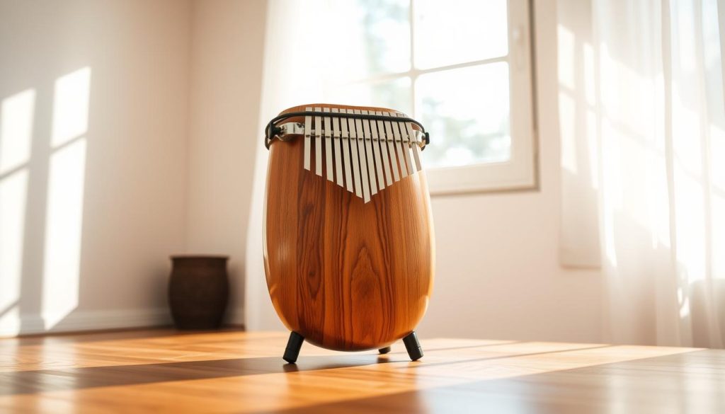 A high-quality tongue drum standing in a warm, sunlit room, captured in a crisp, detailed photograph. The instrument is the central focus, resting on a wooden surface with a minimal, uncluttered background. Soft, diffused lighting from a nearby window illuminates the drum's natural wood grain and vibrant, earthy tones. The camera angle showcases the drum's ergonomic shape and inviting layout of tuned tones, encouraging the viewer to engage with the instrument. An atmosphere of calm and introspection pervades the scene, hinting at the soothing, meditative experience of playing the tongue drum.