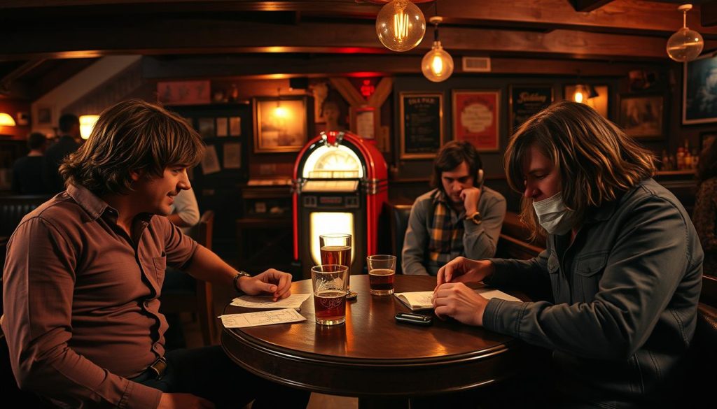 A nostalgic scene depicting a vintage pub in Birmingham, where four musicians are gathered around a small table, planning their first album. The foreground focuses on the musicians, dressed in 1970s casual attire, passionately discussing and sketching ideas on a napkin. In the middle ground, a dimly lit, warm atmosphere with wooden beams and vintage decor reflects the essence of a classic pub. Beer glasses and a vintage jukebox add to the ambiance. The background shows soft shadows of patrons enjoying the atmosphere, with subdued lighting that enhances the mood of creativity and anticipation. The image captures the essence of camaraderie, music, and the beginnings of a revolutionary sound that would shape heavy metal. A nostalgic scene depicting a vintage pub in Birmingham, where four musicians are gathered around a small table, planning their first album. The foreground focuses on the musicians, dressed in 1970s casual attire, passionately discussing and sketching ideas on a napkin. In the middle ground, a dimly lit, warm atmosphere with wooden beams and vintage decor reflects the essence of a classic pub. Beer glasses and a vintage jukebox add to the ambiance. The background shows soft shadows of patrons enjoying the atmosphere, with subdued lighting that enhances the mood of creativity and anticipation. The image captures the essence of camaraderie, music, and the beginnings of a revolutionary sound that would shape heavy metal.