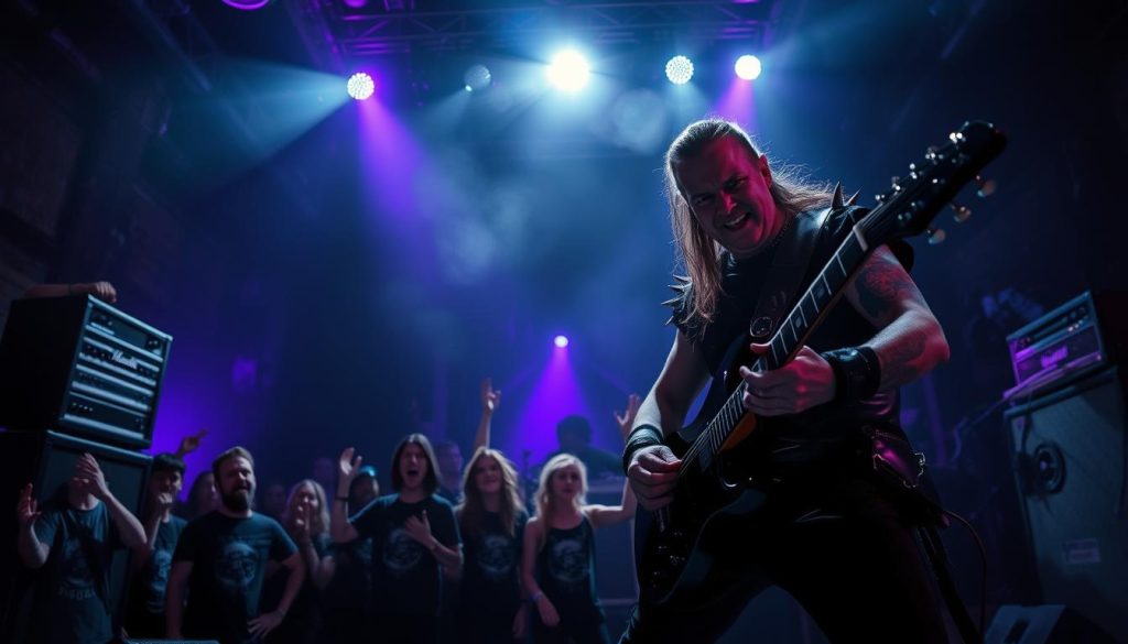 A powerful heavy metal scene set in a dimly lit, cavernous underground venue. In the foreground, a character clad in dark leather and spikes plays an electric guitar, their intense expression capturing the raw energy of heavy metal music. The middle ground features a small group of enthusiastic fans, dressed in band t-shirts, with expressions of exhilaration as they rock out. The background showcases dramatic lighting, with vivid hues of deep purple and blue casting shadows around towering amplifiers. The atmosphere is charged with energy, evoking feelings of intensity and darkness that embody the genre. The scene is captured with a slightly low-angle perspective, emphasizing the grandeur of the performance, while a subtle haze from the smoke machines adds depth to the composition, enhancing the moody ambiance. A powerful heavy metal scene set in a dimly lit, cavernous underground venue. In the foreground, a character clad in dark leather and spikes plays an electric guitar, their intense expression capturing the raw energy of heavy metal music. The middle ground features a small group of enthusiastic fans, dressed in band t-shirts, with expressions of exhilaration as they rock out. The background showcases dramatic lighting, with vivid hues of deep purple and blue casting shadows around towering amplifiers. The atmosphere is charged with energy, evoking feelings of intensity and darkness that embody the genre. The scene is captured with a slightly low-angle perspective, emphasizing the grandeur of the performance, while a subtle haze from the smoke machines adds depth to the composition, enhancing the moody ambiance.