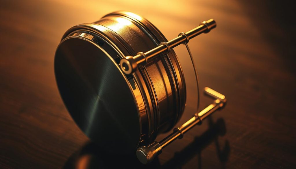 A robust and well-crafted metal percussion instrument, bathed in a warm, golden glow. The gleaming surface reflects the intricate details of its sturdy construction, with clean, angular lines and a sleek, minimalist design. The instrument sits on a dark, wooden surface, casting a subtle shadow that adds depth and dimension to the scene. The lighting is soft and directional, highlighting the instrument's textured surface and lending an air of sophistication and precision. The overall atmosphere is one of quality craftsmanship and attention to detail, perfectly suited to illustrate the "Robustesse et entretien" section of the article. A robust and well-crafted metal percussion instrument, bathed in a warm, golden glow. The gleaming surface reflects the intricate details of its sturdy construction, with clean, angular lines and a sleek, minimalist design. The instrument sits on a dark, wooden surface, casting a subtle shadow that adds depth and dimension to the scene. The lighting is soft and directional, highlighting the instrument's textured surface and lending an air of sophistication and precision. The overall atmosphere is one of quality craftsmanship and attention to detail, perfectly suited to illustrate the "Robustesse et entretien" section of the article.