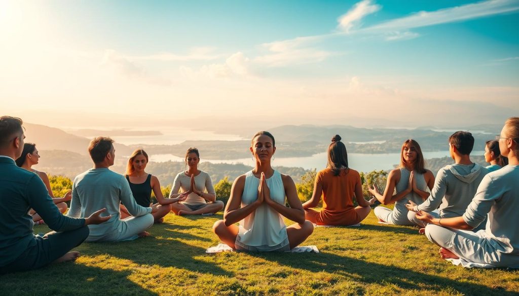 A serene and harmonious scene of global meditation. In the foreground, a group of diverse individuals sit cross-legged, hands in gentle mudra, eyes closed in deep contemplation. The middle ground features a stunning landscape of lush greenery, rolling hills, and a tranquil body of water reflecting the sky. In the background, a celestial, ethereal glow bathes the scene, creating an atmosphere of profound peace and interconnectedness. Warm, diffused lighting casts a soft, meditative ambiance, while the camera angle is slightly elevated, conveying a sense of unity and oneness. The overall composition evokes a harmonious blending of cultures, traditions, and spiritual practices from around the world. A serene and harmonious scene of global meditation. In the foreground, a group of diverse individuals sit cross-legged, hands in gentle mudra, eyes closed in deep contemplation. The middle ground features a stunning landscape of lush greenery, rolling hills, and a tranquil body of water reflecting the sky. In the background, a celestial, ethereal glow bathes the scene, creating an atmosphere of profound peace and interconnectedness. Warm, diffused lighting casts a soft, meditative ambiance, while the camera angle is slightly elevated, conveying a sense of unity and oneness. The overall composition evokes a harmonious blending of cultures, traditions, and spiritual practices from around the world.