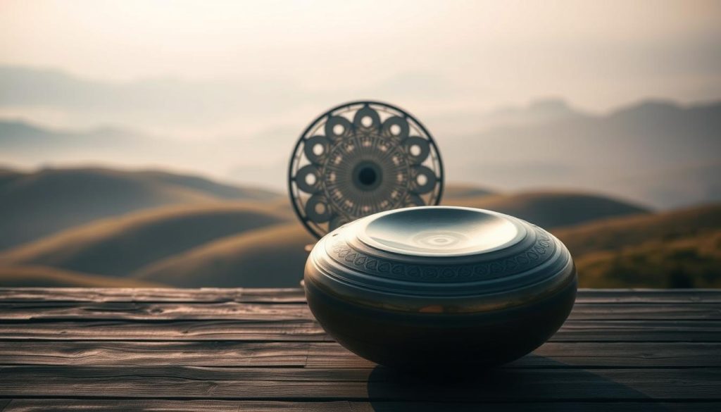 A serene landscape of rolling hills, bathed in soft, warm lighting. In the foreground, a handpan rests on a wooden surface, its concave surface reflecting the ethereal frequencies that emanate from it. The middle ground features a tongue drum, its circular shape and intricate patterns creating a mesmerizing visual harmony. In the background, a hazy, dreamlike sky with subtle hues of blue and lavender, evoking a sense of tranquility and inner peace. The overall composition emphasizes the connection between the instruments and their calming, meditative frequencies, captured through a cinematic, artistic lens. A serene landscape of rolling hills, bathed in soft, warm lighting. In the foreground, a handpan rests on a wooden surface, its concave surface reflecting the ethereal frequencies that emanate from it. The middle ground features a tongue drum, its circular shape and intricate patterns creating a mesmerizing visual harmony. In the background, a hazy, dreamlike sky with subtle hues of blue and lavender, evoking a sense of tranquility and inner peace. The overall composition emphasizes the connection between the instruments and their calming, meditative frequencies, captured through a cinematic, artistic lens.