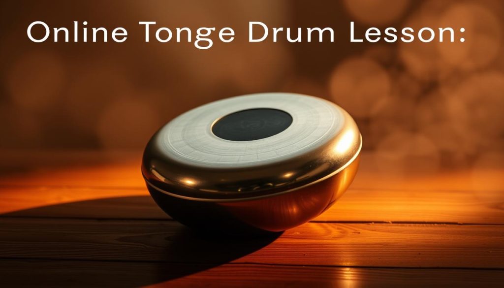 A serene, well-lit tongue drum resting on a wooden surface, surrounded by a soft, atmospheric hue. The drum's metallic tones glisten under warm, diffused lighting, inviting the viewer to explore its soothing, resonant sonorities. The scene exudes a sense of tranquility and musical contemplation, capturing the essence of the online tongue drum lesson experience.