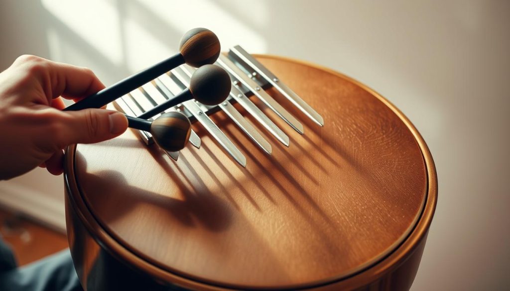 A skilled hand holds a tongue drum, its metallic tones resonating in a softly lit studio. Fingers caress the various tongues, coaxing out a soothing, rhythmic melody. Mallets strike the drum's surface, creating nuanced patterns that fill the air. Subtle shadows play across the instrument's contours, highlighting its unique and intricate design. The player's focused expression reflects the meditative nature of the performance, inviting the viewer to immerse themselves in the captivating technique on display.