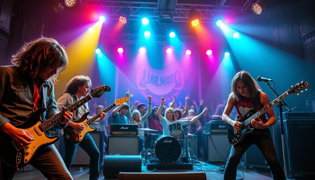 A vibrant 1970s rock scene depicting the emergence of heavy metal music. In the foreground, a diverse group of musicians passionately playing electric guitars and drums, dressed in iconic 70s fashion, including denim jackets and band t-shirts. In the middle, an electrifying concert atmosphere with a dynamic crowd, raising their hands in excitement under colorful stage lights. The background features a vintage concert stage with amplifiers and large speakers, surrounded by flashing lights. The overall mood is energetic and rebellious, capturing the spirit of the time. The lighting is dramatic with contrasting shadows, emphasizing the musicians' expressions, shot from a slightly low angle to create a sense of grandeur and intensity. No text or additional elements are present.