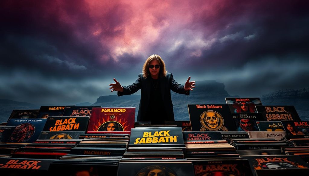 A vibrant and dynamic homage to Black Sabbath's iconic albums featuring Ozzy Osbourne. In the foreground, a collection of album covers intricately arranged, showcasing titles like "Paranoid," "Master of Reality," and "Black Sabbath," each with their distinctive, dark artwork. In the middle ground, capture a shadowy figure of Ozzy Osbourne, dressed in a classic black outfit, exuding a powerful presence as he reaches out towards the albums, symbolizing his pivotal role in the band's legacy. The background is a moody, abstract landscape with hints of swirling colors and textures, evoking a sense of mystique and the heavy metal atmosphere. Soft, dramatic lighting accentuates the scene, enhancing the intensity and nostalgia that define this legendary era in rock music.