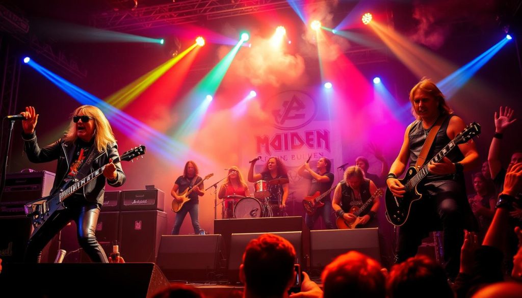A vibrant scene set in a classic heavy metal concert ambiance, featuring two legendary bands: Judas Priest and Iron Maiden. In the foreground, lead singers of both bands are energetically performing on stage, dressed in iconic leather jackets and stylish attire that reflect their unique styles. The middle ground includes musicians engaged with their instruments, surrounded by amplifiers and electric guitars, creating dynamic movement. In the background, a cheering crowd is illuminated by colorful stage lights, creating an electric atmosphere of excitement and passion. The scene captures the thrill of live performance with beams of multicolored lights cutting through the smoky air, highlighting the energy and camaraderie of the heavy metal genre. The mood is intense and electrifying, embodying the essence of classic heavy metal.