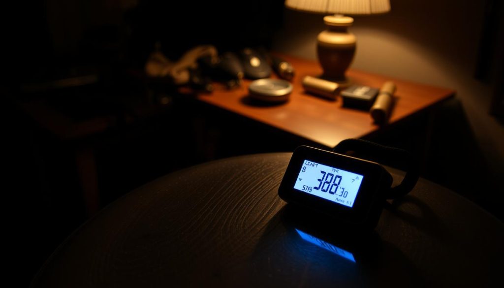 An electronic tuner rests on a tongue drum, its display illuminating the dimly lit room. The drum's metallic tones reflect the warm glow of a nearby lamp, creating a cozy, introspective atmosphere. The tuner's LCD screen shows the precise frequency of the drum's notes, allowing the musician to carefully calibrate the instrument's pitch. In the background, a wooden table holds various percussion accessories, hinting at the broader musical context. The image conveys the care and attention required to ensure the tongue drum is perfectly in tune, a crucial step in unlocking its rich, resonant tones. An electronic tuner rests on a tongue drum, its display illuminating the dimly lit room. The drum's metallic tones reflect the warm glow of a nearby lamp, creating a cozy, introspective atmosphere. The tuner's LCD screen shows the precise frequency of the drum's notes, allowing the musician to carefully calibrate the instrument's pitch. In the background, a wooden table holds various percussion accessories, hinting at the broader musical context. The image conveys the care and attention required to ensure the tongue drum is perfectly in tune, a crucial step in unlocking its rich, resonant tones.