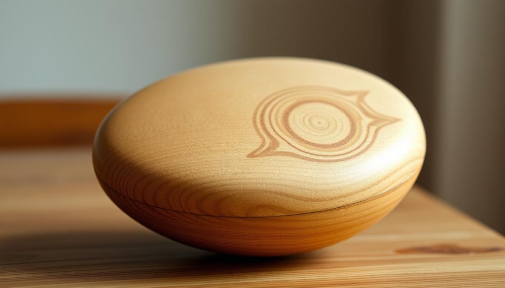 Finely crafted tongue drum in warm, natural tones, resting on a wooden surface. The instrument's surface is smooth and resonant, its distinct tonal frequencies evident in the intricate patterns of the drum's face. Soft, diffused lighting accentuates the drum's organic textures and contours, creating a serene, contemplative atmosphere. The camera angle captures the drum at an oblique, three-quarter view, highlighting its ergonomic shape and allowing the viewer to appreciate the precise tuning and harmonic properties of this unique percussion instrument. Finely crafted tongue drum in warm, natural tones, resting on a wooden surface. The instrument's surface is smooth and resonant, its distinct tonal frequencies evident in the intricate patterns of the drum's face. Soft, diffused lighting accentuates the drum's organic textures and contours, creating a serene, contemplative atmosphere. The camera angle captures the drum at an oblique, three-quarter view, highlighting its ergonomic shape and allowing the viewer to appreciate the precise tuning and harmonic properties of this unique percussion instrument.