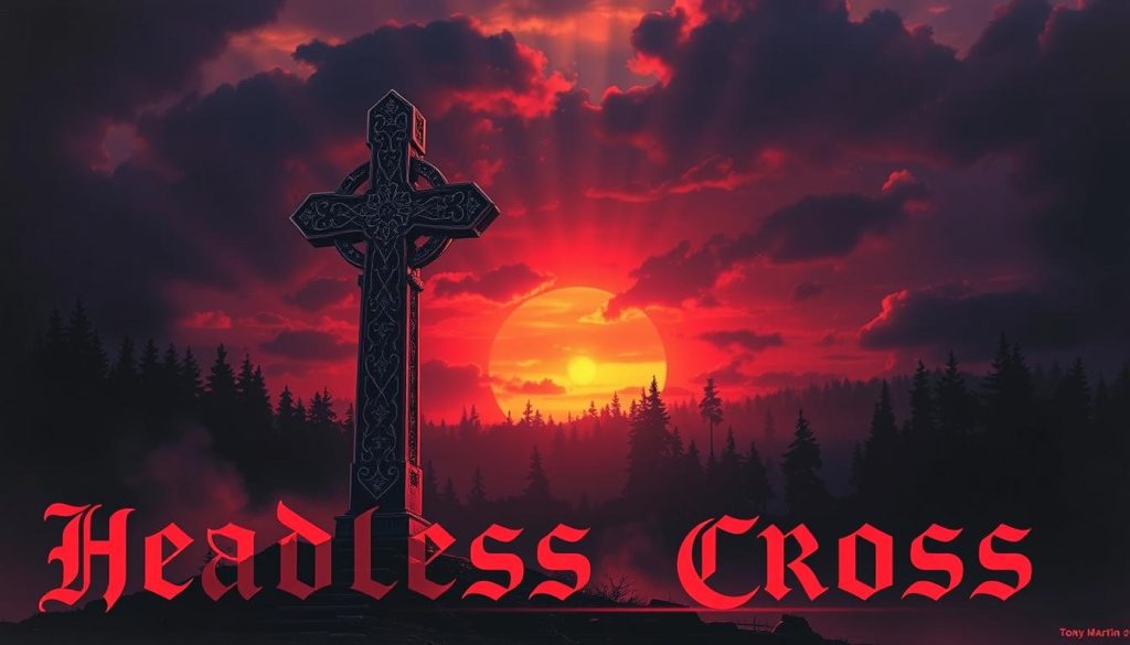 A dramatic album cover for "Headless Cross" by Tony Martin, capturing the essence of late 1980s heavy metal. In the foreground, a gothic cross stands tall with intricate details, surrounded by a misty, ethereal glow. The middle ground features shadows of dark, enchanted forests, creating a sense of mystery. In the background, a dusky sunset, painted in deep reds and purples, enhances the ominous atmosphere. The lighting is moody, with beams piercing through the clouds, suggesting an impending storm. Use a slightly angled perspective to evoke a feeling of grandeur. The overall mood is intense, reflecting the powerful themes of the album, with a hint of darkness and mystique, reflecting the best of the Tony Martin era in Black Sabbath's history. A dramatic album cover for "Headless Cross" by Tony Martin, capturing the essence of late 1980s heavy metal. In the foreground, a gothic cross stands tall with intricate details, surrounded by a misty, ethereal glow. The middle ground features shadows of dark, enchanted forests, creating a sense of mystery. In the background, a dusky sunset, painted in deep reds and purples, enhances the ominous atmosphere. The lighting is moody, with beams piercing through the clouds, suggesting an impending storm. Use a slightly angled perspective to evoke a feeling of grandeur. The overall mood is intense, reflecting the powerful themes of the album, with a hint of darkness and mystique, reflecting the best of the Tony Martin era in Black Sabbath's history.