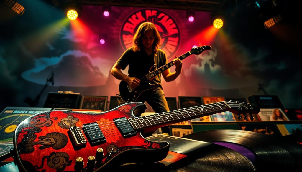 A dramatic scene depicting the essence of Black Sabbath's major metal hits. In the foreground, an electric guitar with intricate designs rests on a vibrant, worn amplifier, surrounded by glossy vinyl records showcasing classic album covers. The middle ground features a shadowy figure in modest casual attire, passionately playing the guitar with an intense expression, surrounded by swirling colorful lights that evoke a sense of nostalgia and energy. The background is filled with a stylized, abstract representation of iconic themes from their songs, such as dark clouds, mystical landscapes, and haunting silhouettes. The lighting is dynamic, with strong contrasts casting deep shadows while highlighting key elements to create an atmospheric, captivating mood, reminiscent of a live metal concert. The angle is slightly tilted to add a sense of movement and excitement. A dramatic scene depicting the essence of Black Sabbath's major metal hits. In the foreground, an electric guitar with intricate designs rests on a vibrant, worn amplifier, surrounded by glossy vinyl records showcasing classic album covers. The middle ground features a shadowy figure in modest casual attire, passionately playing the guitar with an intense expression, surrounded by swirling colorful lights that evoke a sense of nostalgia and energy. The background is filled with a stylized, abstract representation of iconic themes from their songs, such as dark clouds, mystical landscapes, and haunting silhouettes. The lighting is dynamic, with strong contrasts casting deep shadows while highlighting key elements to create an atmospheric, captivating mood, reminiscent of a live metal concert. The angle is slightly tilted to add a sense of movement and excitement.