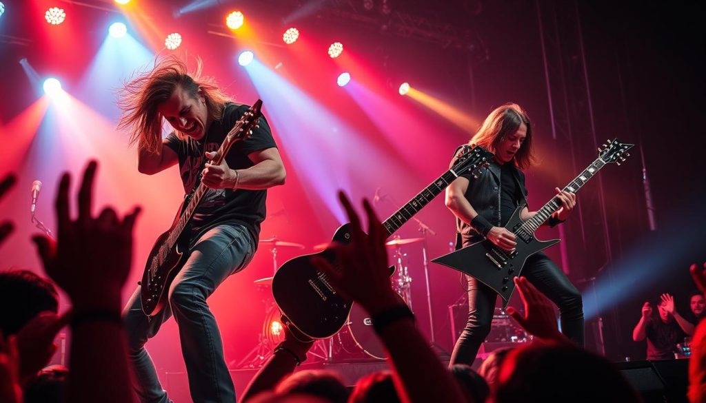 A dynamic and powerful thrash metal band performance captured on stage. In the foreground, the musicians are energetically playing their instruments, with an intense focus on their facial expressions, showcasing their passion for the music. The lead vocalist, wearing a black band tee and jeans, engages with the audience, while the guitarist, dressed in dark leather, solos with dramatic flair. The drummer is at the back, highlighting the rhythm section’s importance. In the middle ground, colorful stage lights create a vibrant atmosphere, casting dramatic shadows on the musicians. In the background, silhouettes of fans can be seen, hands raised in excitement, immersed in the energy of the performance. The overall mood is electric and exhilarating, with high contrast lighting and a slightly blurred motion effect to convey the intense action of the concert.