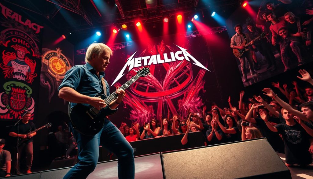 A dynamic concert scene capturing the musical transformation of Metallica from the *Load* era to *St. Anger*. In the foreground, a band member passionately playing an electric guitar, dressed in professional casual attire, with a focused expression. In the middle, the stage is adorned with contrasting visuals, with elements reflecting the art styles of both *Load*, like colorful motifs and dramatic lighting, alongside the raw, unpolished aesthetic of *St. Anger*, represented by stark, metallic textures. The background features an enthusiastic crowd, hands raised, immersed in the music. The lighting is intense, casting vibrant colors and shadows, creating a powerful, energetic atmosphere. The angle perspective is slightly elevated, showcasing the depth of the scene, emphasizing the blend of both album eras.