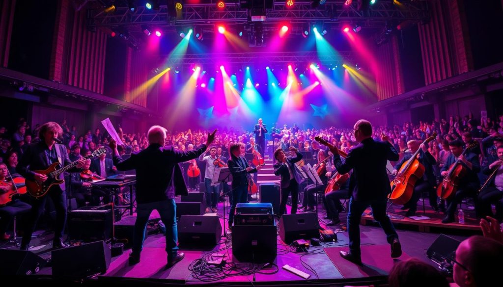 A dynamic scene capturing the essence of symphonic collaborations and international tours in the world of rock music. In the foreground, a powerful rock band on stage, in professional attire, performing energetically with an array of instruments, including electric guitars and a grand piano. In the middle ground, a symphony orchestra harmoniously joins them, with musicians passionately playing strings and brass instruments. The background features a large, enthusiastic crowd illuminated by vibrant stage lights, enhancing the electric atmosphere. The lighting is dramatic, casting colorful hues on the performers and audience. A wide-angle view, captured as if from the front row, adds depth and perspective to this moment of musical unity, celebrating the fusion of rock and classical music.