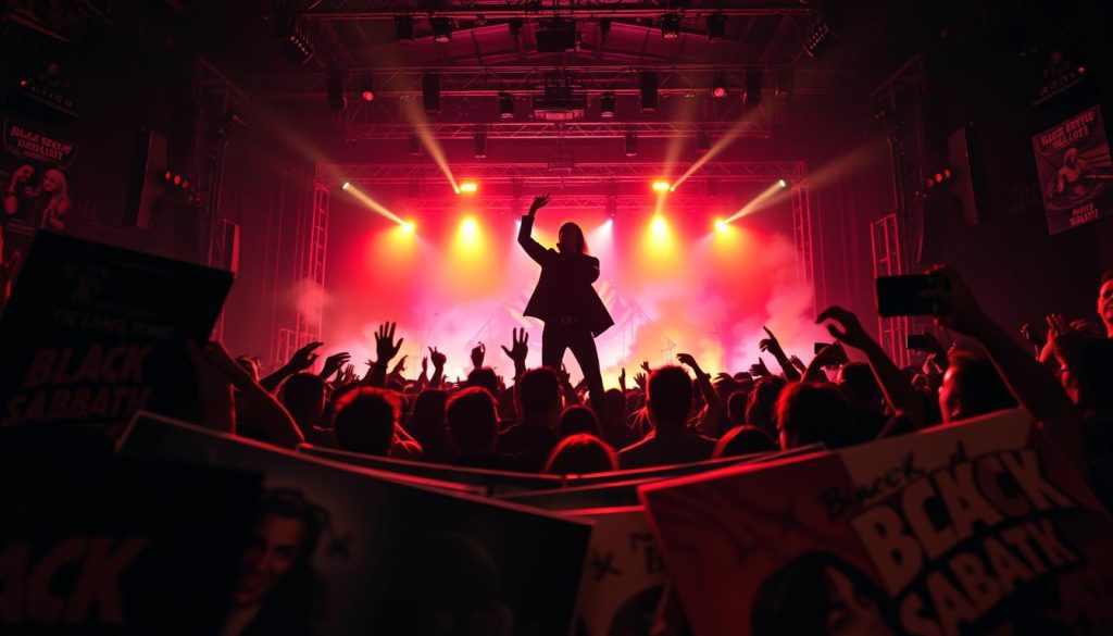 A dynamic scene depicting a collection of legendary Black Sabbath album covers scattered artistically in the foreground, showcasing visuals from landmarks like "Paranoid" and "Master of Reality." In the middle ground, a vibrant concert setting comes to life, with silhouettes of a passionate crowd cheering and a charismatic lead singer in the spotlight, clad in dark, stylish attire, engaging with the audience. The background is filled with dramatic stage lights and smoke effects, creating an electrifying atmosphere. The image is captured with a slightly low angle, enhancing the grandeur of the concert while soft-focused album covers add depth. Warm, atmospheric lighting casts a nostalgic glow, reflecting the iconic and foundational moments in rock history. A dynamic scene depicting a collection of legendary Black Sabbath album covers scattered artistically in the foreground, showcasing visuals from landmarks like "Paranoid" and "Master of Reality." In the middle ground, a vibrant concert setting comes to life, with silhouettes of a passionate crowd cheering and a charismatic lead singer in the spotlight, clad in dark, stylish attire, engaging with the audience. The background is filled with dramatic stage lights and smoke effects, creating an electrifying atmosphere. The image is captured with a slightly low angle, enhancing the grandeur of the concert while soft-focused album covers add depth. Warm, atmospheric lighting casts a nostalgic glow, reflecting the iconic and foundational moments in rock history.