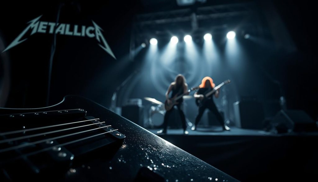 A moody and atmospheric album cover inspired by Metallica's "Black Album". In the foreground, a close-up of a vibrant electric guitar, its dark finish glimmering under dramatic lighting, showcasing fingerprints and wear. The middle ground features a shadowy silhouette of a band playing passionately, their postures conveying intensity and energy, clad in sleek black attire. In the background, abstract swirls of sound waves emerge from speakers, blending with a dark, textured backdrop that hints at the album's iconic cover design. The scene is illuminated with dynamic lighting that creates stark contrasts, evoking the raw power and evolution of Metallica’s rock sound. Capture the essence of a pivotal moment in rock history with a sense of energy and rebellion.