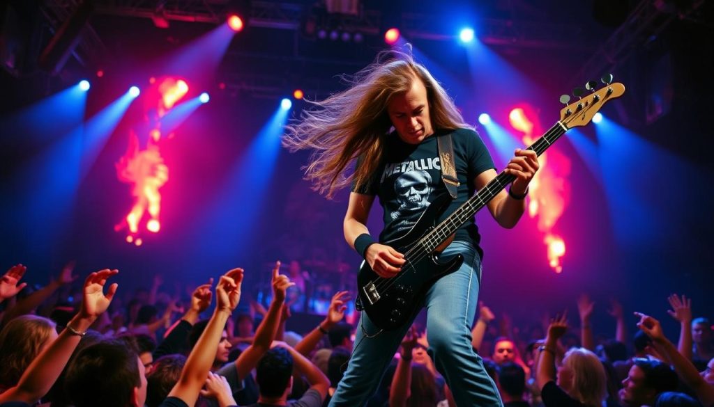A powerful and dynamic depiction of Cliff Burton, the iconic bassist of Metallica, performing on stage during the "Master of Puppets" era. In the foreground, Cliff is energetically playing his bass guitar, immersed in the music, wearing a classic band tee and jeans. His long hair flows with the rhythm, and he exudes passion and intensity. The middle ground captures a vibrant crowd of fans, hands raised in excitement, engulfed in the concert's electric atmosphere. The background features dramatic stage lighting with deep blues and fiery reds, casting a mesmerizing glow. The overall mood is exhilarating and nostalgic, evoking the spirit of 1980s heavy metal. Use a wide-angle lens perspective to emphasize depth and movement, capturing both Cliff and the audience in an unforgettable, high-energy moment.