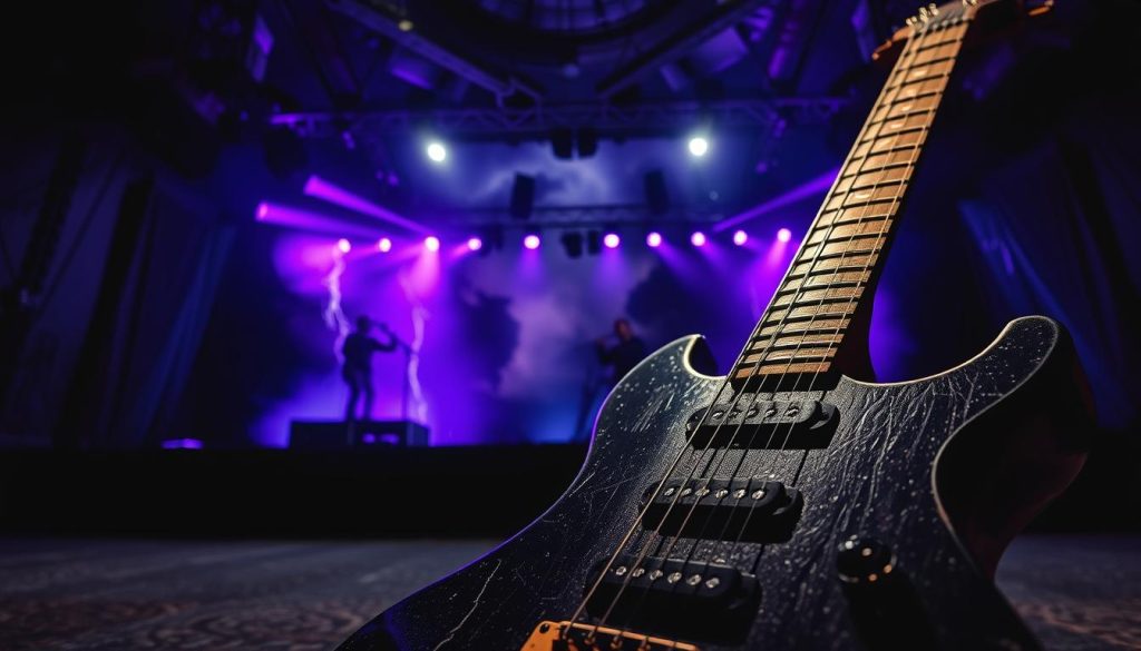A powerful and striking album cover inspired by Black Sabbath, showcasing the essence of heavy metal music. In the foreground, an electric guitar with deep scratches and wear, symbolizing the raw energy of rock. The middle ground features a dark, atmospheric stage, illuminated by intense, dramatic lighting with purple and blue hues. In the background, shadowy silhouettes of a thunderstorm loom ominously, enhancing the mood of foreboding and power. The scene captures a sense of rebellion and nostalgia, inviting the viewer into the iconic era of heavy metal. The composition should utilize a low-angle perspective to create a dominating presence, emphasizing the legendary status of Black Sabbath and their foundational sound. A powerful and striking album cover inspired by Black Sabbath, showcasing the essence of heavy metal music. In the foreground, an electric guitar with deep scratches and wear, symbolizing the raw energy of rock. The middle ground features a dark, atmospheric stage, illuminated by intense, dramatic lighting with purple and blue hues. In the background, shadowy silhouettes of a thunderstorm loom ominously, enhancing the mood of foreboding and power. The scene captures a sense of rebellion and nostalgia, inviting the viewer into the iconic era of heavy metal. The composition should utilize a low-angle perspective to create a dominating presence, emphasizing the legendary status of Black Sabbath and their foundational sound.