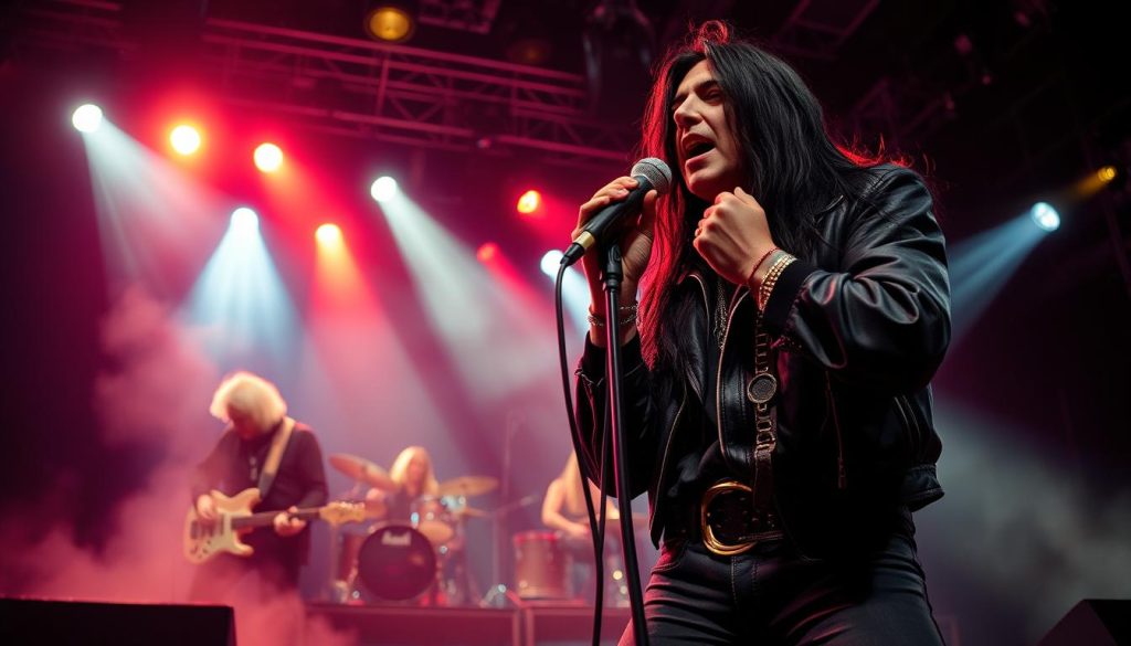 A powerful rock scene embodying the album "Mob Rules" from Black Sabbath during the Dio era. In the foreground, an imposing figure of a lead vocalist with long black hair, dressed in leather and denim, passionately singing into a vintage microphone. The middle layer features a dynamic band setup with musicians playing electric guitars and drums, immersed in the performance. The background showcases a dark, dramatic rock concert stage with vibrant lights casting deep shadows, creating a moody atmosphere. Use a low-angle perspective to enhance the intensity of the scene, highlighting the energy of the performance. Soft spotlights illuminate the musicians, while a smoky haze surrounds them, evoking the essence of classic heavy metal. A powerful rock scene embodying the album "Mob Rules" from Black Sabbath during the Dio era. In the foreground, an imposing figure of a lead vocalist with long black hair, dressed in leather and denim, passionately singing into a vintage microphone. The middle layer features a dynamic band setup with musicians playing electric guitars and drums, immersed in the performance. The background showcases a dark, dramatic rock concert stage with vibrant lights casting deep shadows, creating a moody atmosphere. Use a low-angle perspective to enhance the intensity of the scene, highlighting the energy of the performance. Soft spotlights illuminate the musicians, while a smoky haze surrounds them, evoking the essence of classic heavy metal.