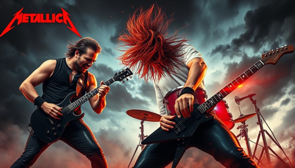 A powerful scene reflecting the raw energy and intensity of heavy metal music, inspired by Metallica’s "...And Justice for All." In the foreground, a muscular guitarist, dressed in black, passionately shredding on an electric guitar, surrounded by dynamic bursts of colorful sound waves. In the middle ground, a drummer fiercely playing, with visible sweat and intensity on his face, his drum set illuminated with vibrant red and blue lights. The background features an abstract representation of a stormy sky, dark clouds swirling, evoking an atmosphere of turmoil and fury. The lighting is dramatic, casting strong shadows and highlights that emphasize the musicians’ fervor. The overall mood is one of cathartic power and raw emotion, encapsulating the essence of the album.