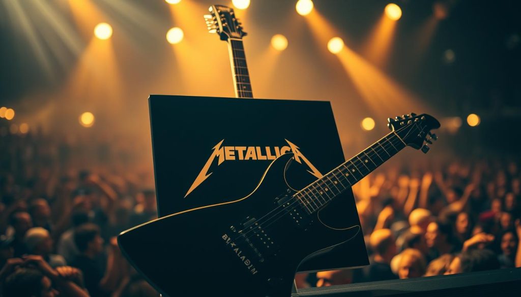 A striking image featuring Metallica’s iconic "Black Album" prominently displayed in the foreground. The album cover, featuring its distinctive black design and a minimalist logo, is artistically illuminated by soft, dramatic lighting, highlighting its details. In the middle ground, a sleek electric guitar rests against the album, symbolizing the band's musical impact. The background is filled with a blurred concert crowd, enhancing the atmosphere of rock culture and fan energy. The overall mood is powerful and nostalgic, evoking feelings of excitement and reverence for Metallica’s influence on pop culture. The angle captures the depth of the scene, with a slight tilt to create a dynamic composition.