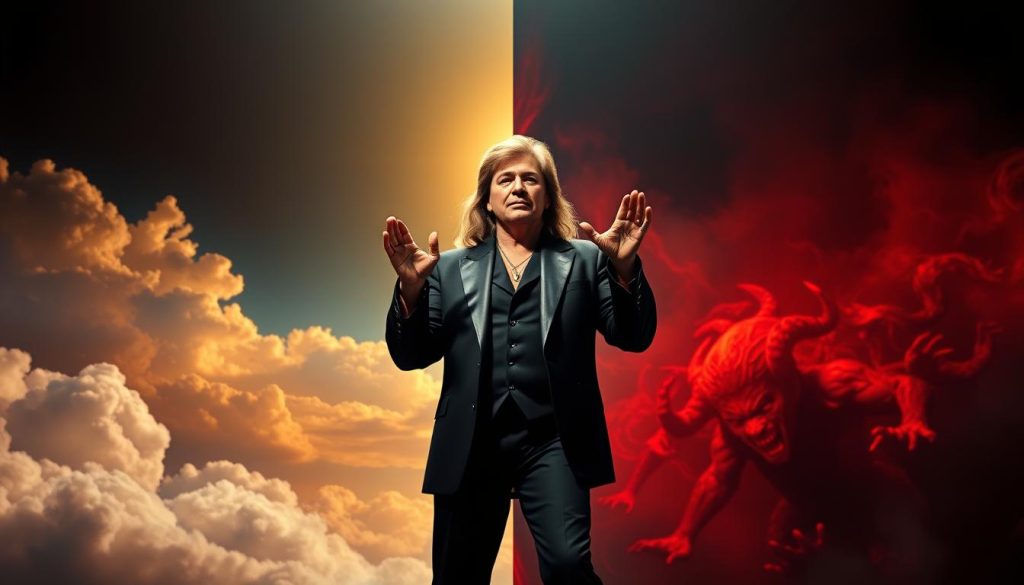 A striking scene featuring Ronnie James Dio as a powerful figure, symbolizing the duality of "Heaven and Hell." In the foreground, Dio stands confidently in an elegant black suit with subtle metallic accents, his expressive hands raised in a theatrical pose, channeling the energy of his iconic stage presence. The background splits into contrasting halves: one side depicts a vibrant celestial landscape filled with radiant clouds and golden light, while the other presents a darker, shadowy realm engulfed in smoky reds and blacks, complete with abstract demonic imagery. The lighting is dramatic, creating sharp contrasts that enhance the mystical atmosphere. Capture the mood of epic scale and intensity, reminiscent of Dio's legendary performances. The viewpoint is slightly elevated, offering a broad perspective that emphasizes the grandeur of both realms, creating a visual representation of his musical legacy. A striking scene featuring Ronnie James Dio as a powerful figure, symbolizing the duality of "Heaven and Hell." In the foreground, Dio stands confidently in an elegant black suit with subtle metallic accents, his expressive hands raised in a theatrical pose, channeling the energy of his iconic stage presence. The background splits into contrasting halves: one side depicts a vibrant celestial landscape filled with radiant clouds and golden light, while the other presents a darker, shadowy realm engulfed in smoky reds and blacks, complete with abstract demonic imagery. The lighting is dramatic, creating sharp contrasts that enhance the mystical atmosphere. Capture the mood of epic scale and intensity, reminiscent of Dio's legendary performances. The viewpoint is slightly elevated, offering a broad perspective that emphasizes the grandeur of both realms, creating a visual representation of his musical legacy.
