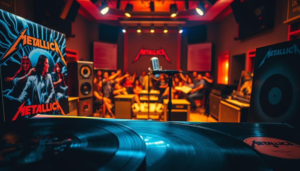 A stylized representation of classic Metallica album covers, featuring iconic imagery from "Master of Puppets," "Ride the Lightning," and "The Black Album." In the foreground, showcase vinyl records and stylized artwork with electric blues and deep blacks reflecting the band's heavy metal essence. The middle ground should include a vintage recording studio with retro microphones and sound equipment, illuminated by warm, ambient lighting that creates a cozy yet intense atmosphere. In the background, faint outlines of a lively audience can be seen, immersed in the music. The overall mood is energetic and nostalgic, capturing the spirit of Metallica's influential sound. The composition should have a slightly angled perspective, enhancing the dynamic feel of the scene.