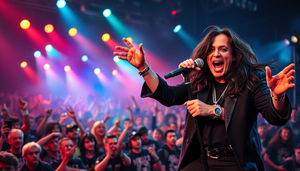A vibrant tribute to Ozzy Osbourne as the godfather of heavy metal, featuring him in a dynamic pose on stage, energetically holding a microphone. In the foreground, emphasize his iconic black attire, long hair blowing with the energy of the performance, and his expressive facial features showcasing passion and intensity. In the middle ground, include a diverse audience captivated by his presence, with fans in various styles reflecting the cultural impact of his music—from rockers in leather to young fans in vintage band shirts. The background should depict a dramatic concert scene with colorful stage lights and smoke, creating an energetic atmosphere of a live performance. Use soft, dynamic lighting to enhance the mood, achieving a sense of nostalgia and reverence for his lasting influence on music and culture. A vibrant tribute to Ozzy Osbourne as the godfather of heavy metal, featuring him in a dynamic pose on stage, energetically holding a microphone. In the foreground, emphasize his iconic black attire, long hair blowing with the energy of the performance, and his expressive facial features showcasing passion and intensity. In the middle ground, include a diverse audience captivated by his presence, with fans in various styles reflecting the cultural impact of his music—from rockers in leather to young fans in vintage band shirts. The background should depict a dramatic concert scene with colorful stage lights and smoke, creating an energetic atmosphere of a live performance. Use soft, dynamic lighting to enhance the mood, achieving a sense of nostalgia and reverence for his lasting influence on music and culture.