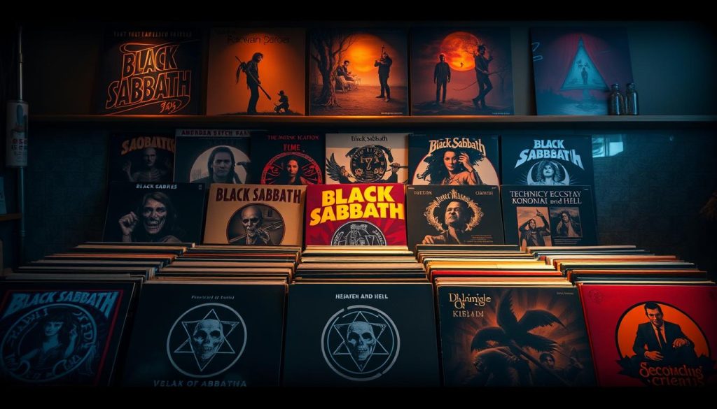A visually striking arrangement of Black Sabbath album covers, featuring a blend of classic and lesser-known records. In the foreground, display the vibrant artwork of albums like "Sabotage" and "Technical Ecstasy," contrasting with the haunting imagery of "Vol. 4" and "Heaven and Hell." In the middle ground, add soft, atmospheric lighting to enhance the intricate details of each cover, with shadows subtly framing the albums. The background should be a dark, moody space, possibly resembling a dimly lit music studio or record shop, evoking a sense of nostalgia and deep reverence for the band's legacy. Capture the essence of exploring musical treasures, with a focus on rich, earthy tones and textures that reflect the heavy metal genre's roots. The overall atmosphere should be immersive and reflective, inviting viewers to discover the depth of Black Sabbath’s discography. A visually striking arrangement of Black Sabbath album covers, featuring a blend of classic and lesser-known records. In the foreground, display the vibrant artwork of albums like "Sabotage" and "Technical Ecstasy," contrasting with the haunting imagery of "Vol. 4" and "Heaven and Hell." In the middle ground, add soft, atmospheric lighting to enhance the intricate details of each cover, with shadows subtly framing the albums. The background should be a dark, moody space, possibly resembling a dimly lit music studio or record shop, evoking a sense of nostalgia and deep reverence for the band's legacy. Capture the essence of exploring musical treasures, with a focus on rich, earthy tones and textures that reflect the heavy metal genre's roots. The overall atmosphere should be immersive and reflective, inviting viewers to discover the depth of Black Sabbath’s discography.